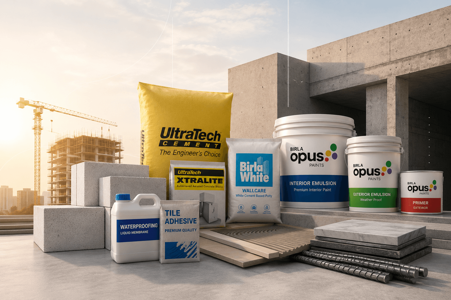 Full range of materials supplied: UltraTech cement, Xtralite AAC blocks, Birla White putty, Birla Opus paints, adhesives and waterproofing